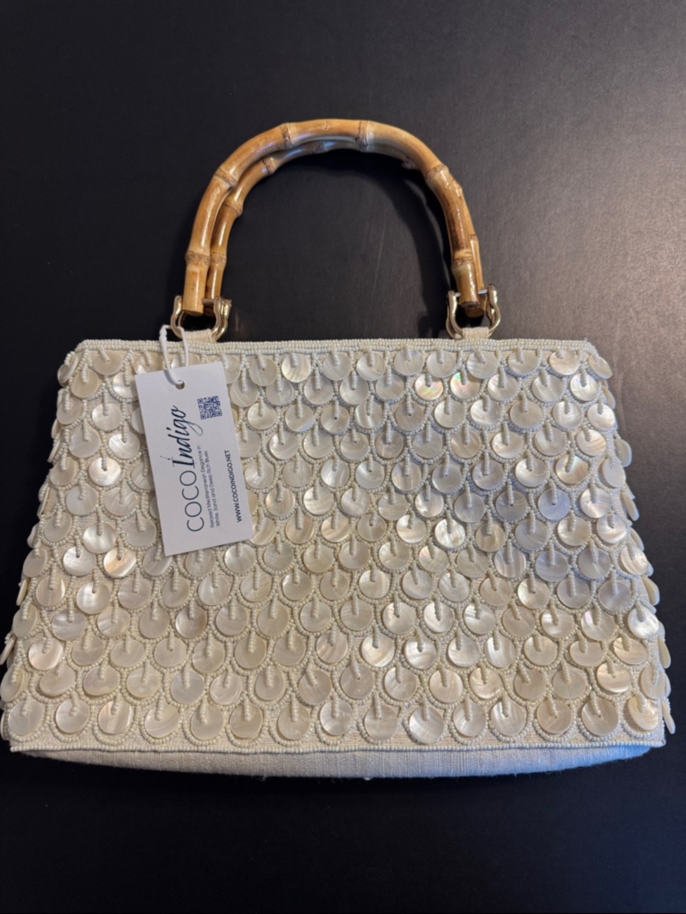 COCO Indigo Shell Beaded Bamboo Handle Bag White Resort Coastal Beach